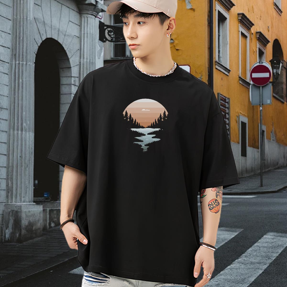Casual New T-Shirts moon Clothings 230g 100% Cotton Street wear Hip Hop Loose Fit Floral Print Breathable Soft Men Tshirts
