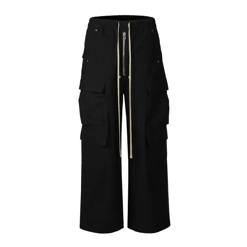 Urban Chic Black Cargo Pants Wide Leg Drawstring Trousers For Stylish Men And Women High Street Fashion Deeptown B4
