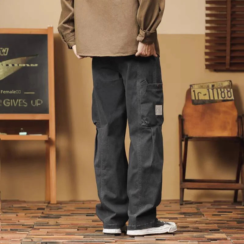 Japanese Vintage Heavy Duty Washing Cargo Pants Mens Spring Autumn Loose Fit Straight Leg Casual Trousers Trendy Male 240806