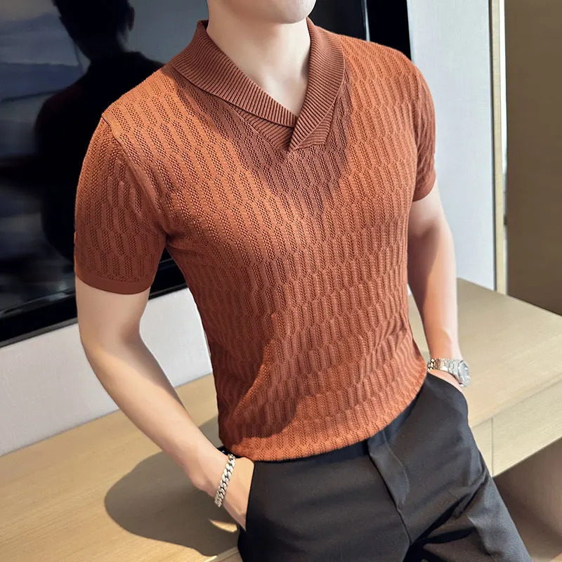 Summer slim fit fitness elastic Tshirt mens tee top ice silk short sleeved Vneck knitted solid color S3XL 240807