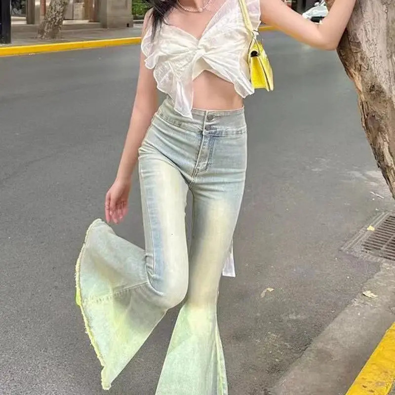 Retro High Waisted Trendy Street Cool Large Flared Jeans for Women Spring Slim Fit with Elastic Wide Legs Sweep Floor Long Pants 240807