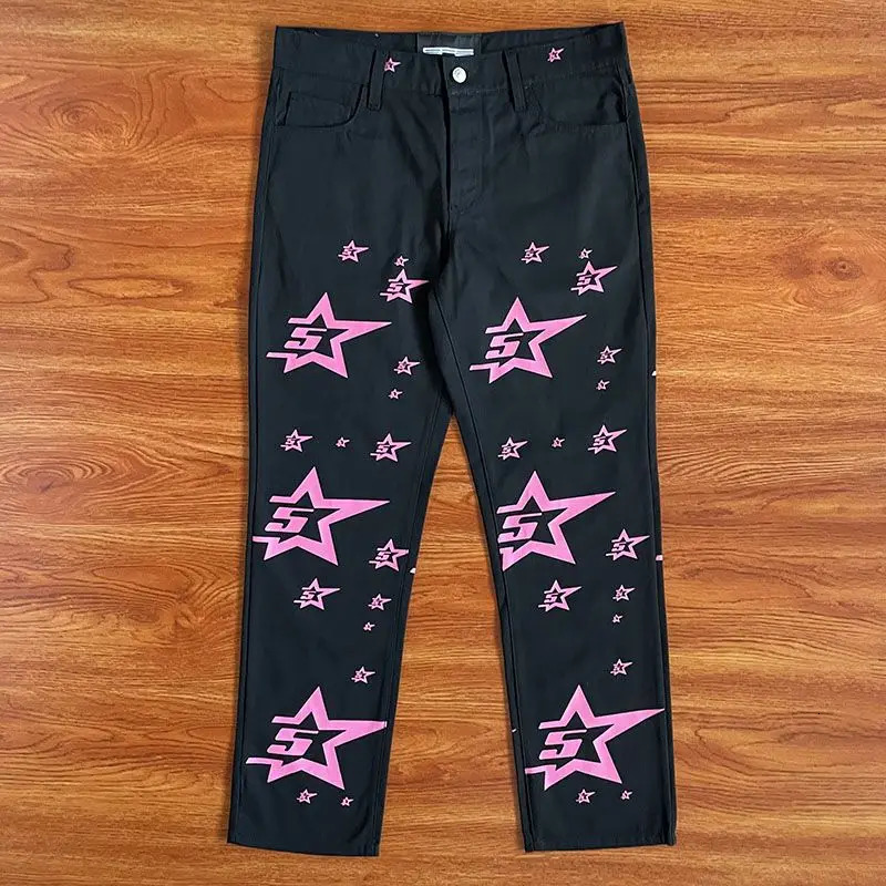 pink letter print jeans slim blue trendy Harajuku style American retro fashion casual couple ins straight pants 240821
