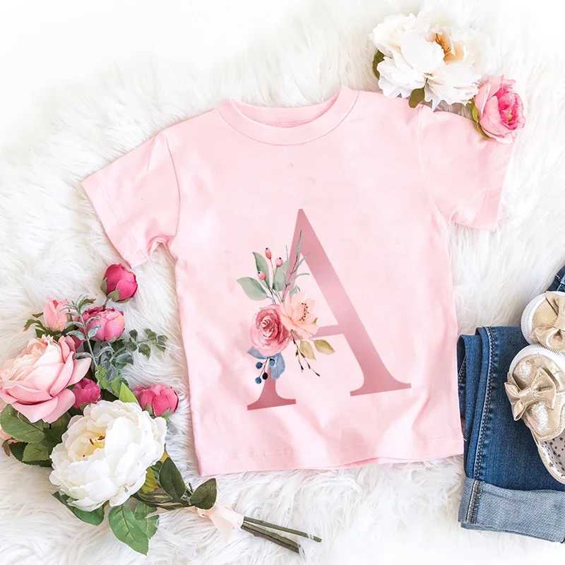 Retro floral T-shirt cotton pink lucky letter 26 English letters A B C D childrens girl boy trend T casual shortsW240718