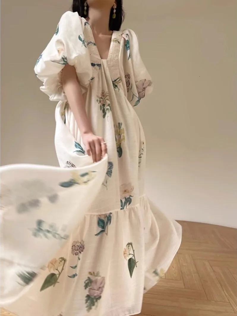 Elegant Print Loose Summer Maxi Dress Women Puff Sleeve Casual V Neck A Line Long Vestidos Female Holiday Lace Up Clothing G575 240807