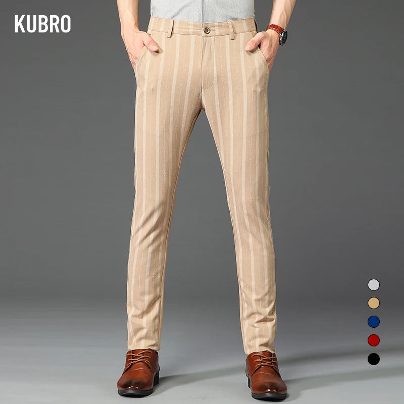KUBRO Spring Autumn Stripe Pants Men Classic Business Elastic Waist Slim Formal Suit Casual Trousers Fashion High Quality 240806
