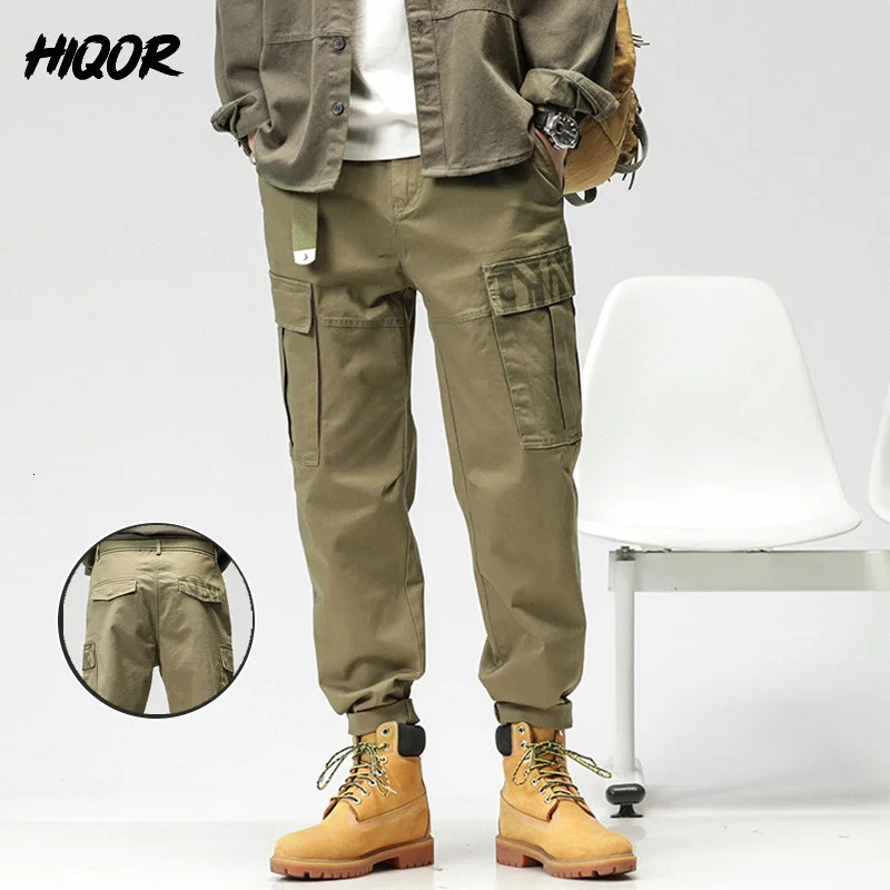 HIQOR Mens Elastic Waist Clothing Japan Style Casual Cargo Harajuku Dress Up Pants Man Washed Vintage Chinos Trousers 240806