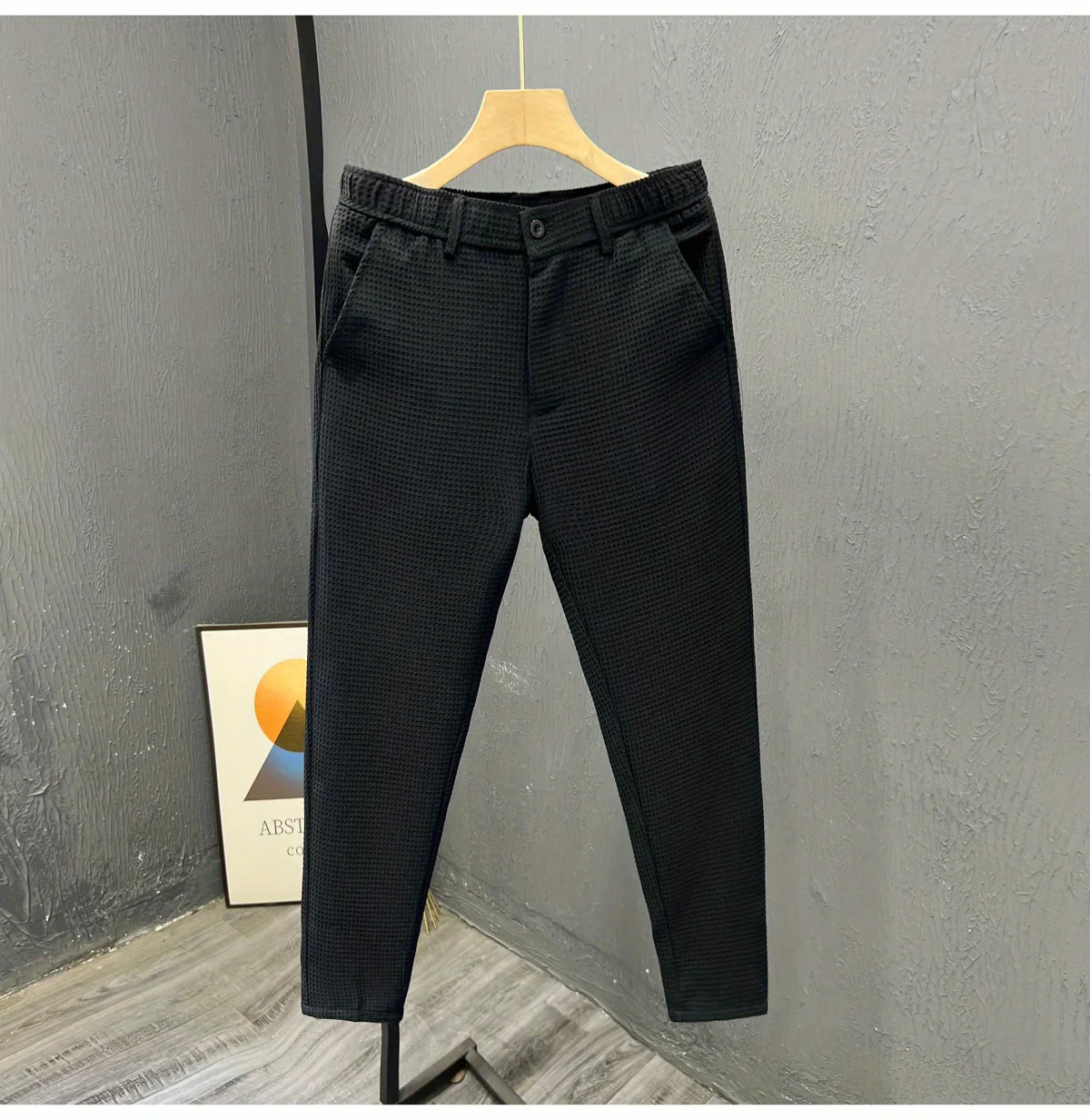 Leisure Trend Korean Edition Summer Solid Color Zipper Pocket Mens High Waist Elastic Slim Fit Straight Nine Split Pants 240806