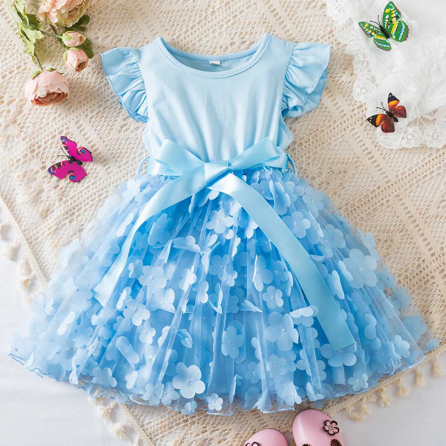 Summer 3D floral grid ruffled sleeves for children aged 1-5 girls birthday parties princess dresses Tutu cute baby clothingW240720