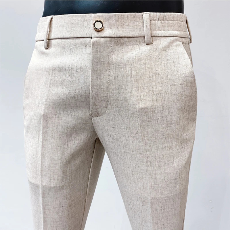 Spring Summer Mens Pants Lightly Mature Slim Fit Draping Linen Solid Color High Quality Classic Business 240806