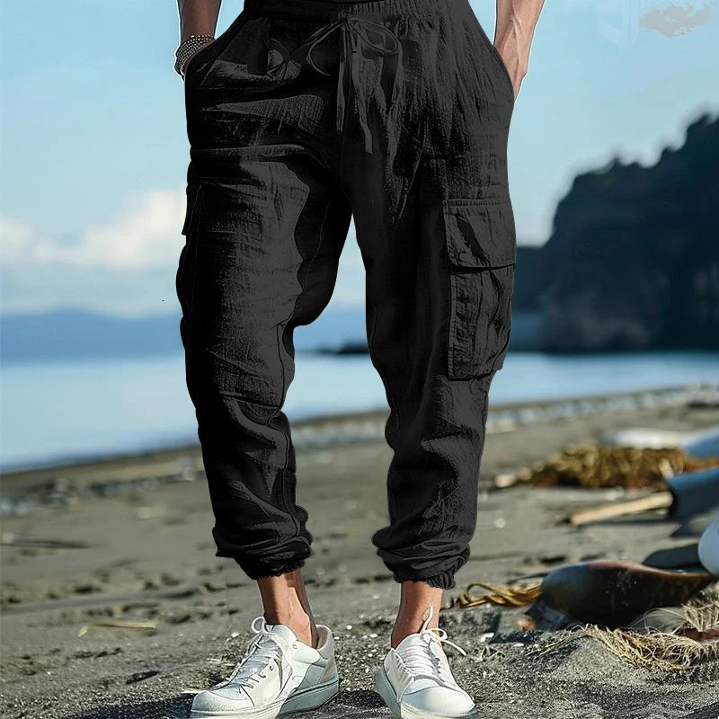 Autumn Casual Mens Cotton Pants Fashion Solid Color Drawstring Loose Cargo For Men Vintage Patchwork Pockets Design 240806