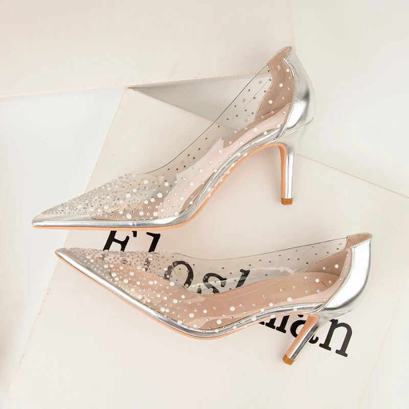 Fashion gold rhinestone PVC transparent womens pump spring and autumn fine high heels sexy party wedding shoes 240802