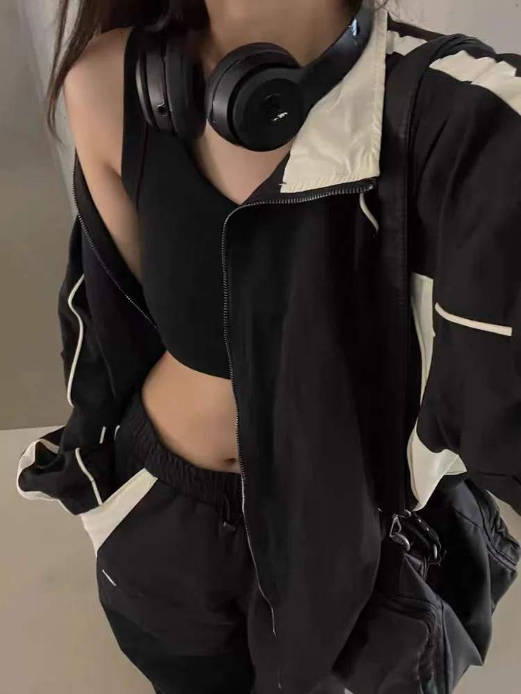 Black Joggers Set Women Jacket Pant Street Hip Hop Tracksuit Vintage Y2K Oversize Zipper Sports Harajuku Sweatpants Suits 240807