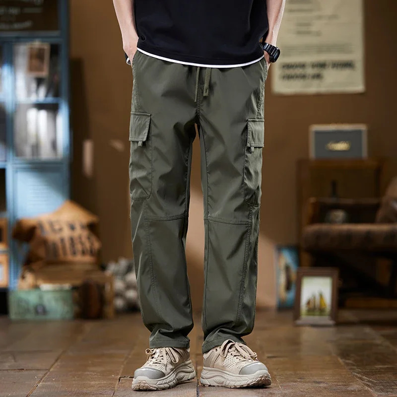Summer Thin Mens Cargo Pants Baggy Straight Multipocket Design Drawstring Elastic Waist Outdoor Jogging Hiking Trousers Male 240806