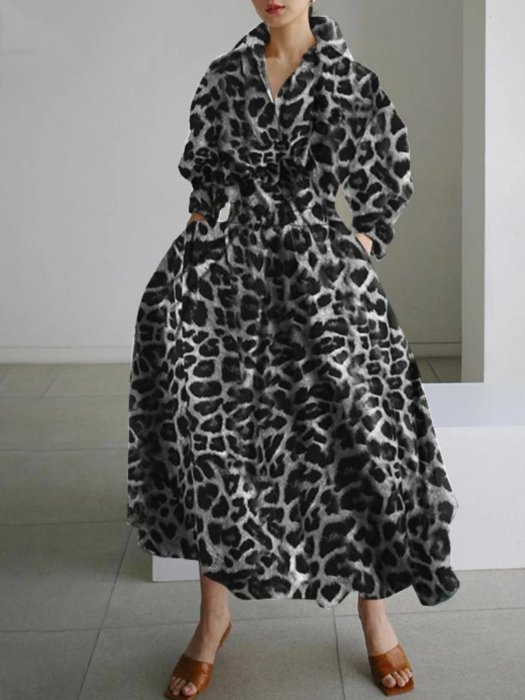 S-5XL Korean Fashion Long Sleeve Shirt Dress Chic Turndown Neck Ruched Maxi Dress Women Autumn Winter Clothes Streetwear 240816