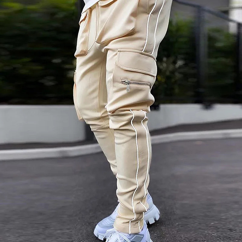 Mens Gym Joggers Cargo Pants MultiPocket Reflect Straight Sports Fitness Casual Clothing Fashion Trousers Sweatpants 240806