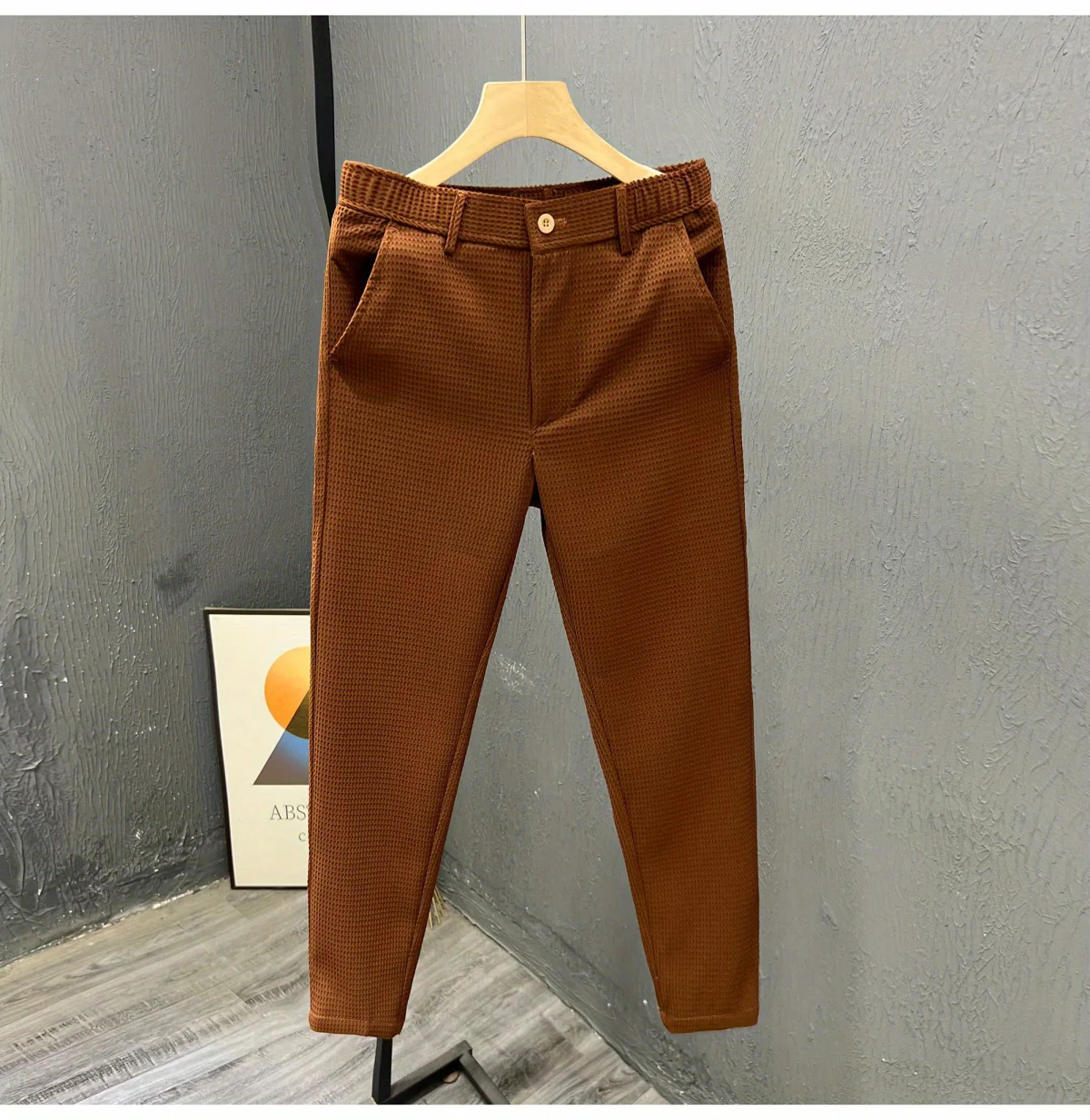 Leisure Trend Korean Edition Summer Solid Color Zipper Pocket Mens High Waist Elastic Slim Fit Straight Nine Split Pants 240806