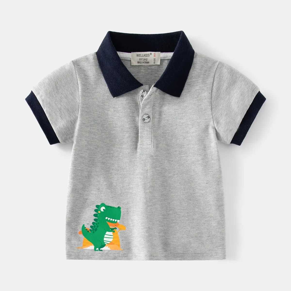 Boys casual polo shirt summer childrens dinosaur printed cotton short sleeved lapel T-shirt top childrens clothing 2-6Y W241223