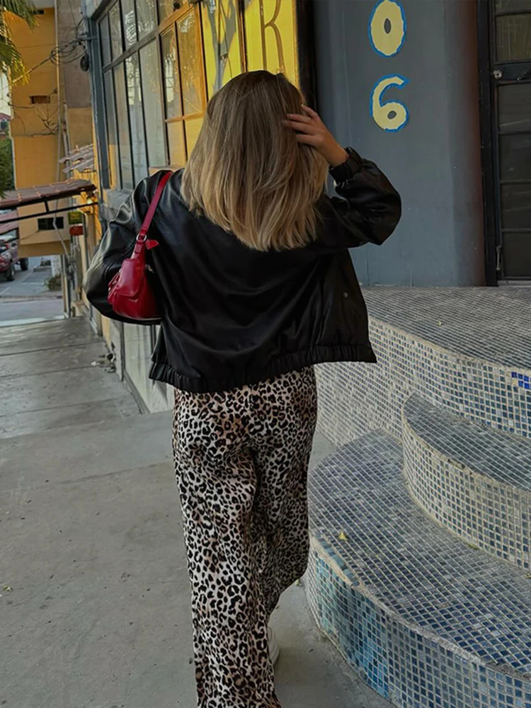 Vintage Leopard Print Pants Women Casual Loose Lace Up Wide Leg Trousers Female Summer Fashion All-match Lady Streetwear 240807