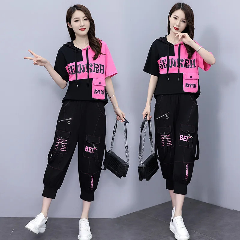 Fashion Casual Suit Female Summer Print Hooded Short Sleeve Top Casual Haren Pants Fashion Trend Sports Suit 240807