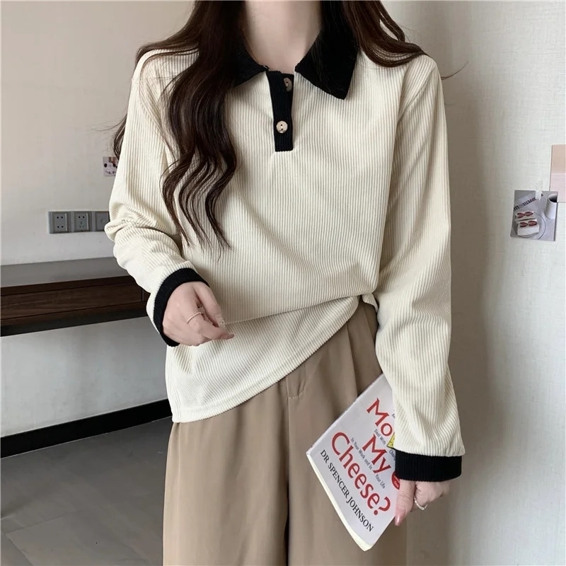 Women Polo Collar Long Sleeve T-shirt Loose Slimming Fashion Versatile Color Block Top Underwear Small Shirt 240806