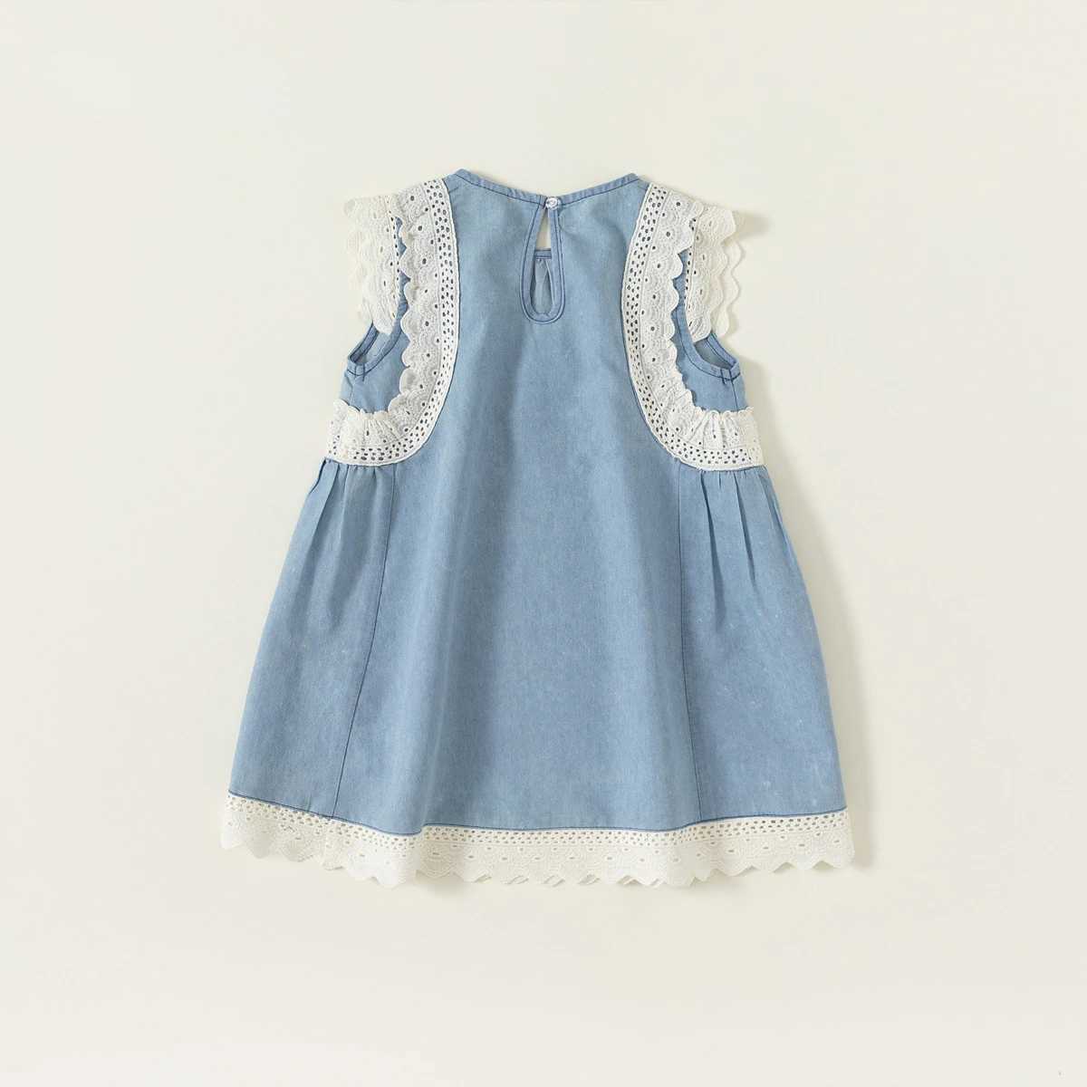 Childrens clothing without sleep fashionable and cute style denim dress lace summer dress baby clothingW240720