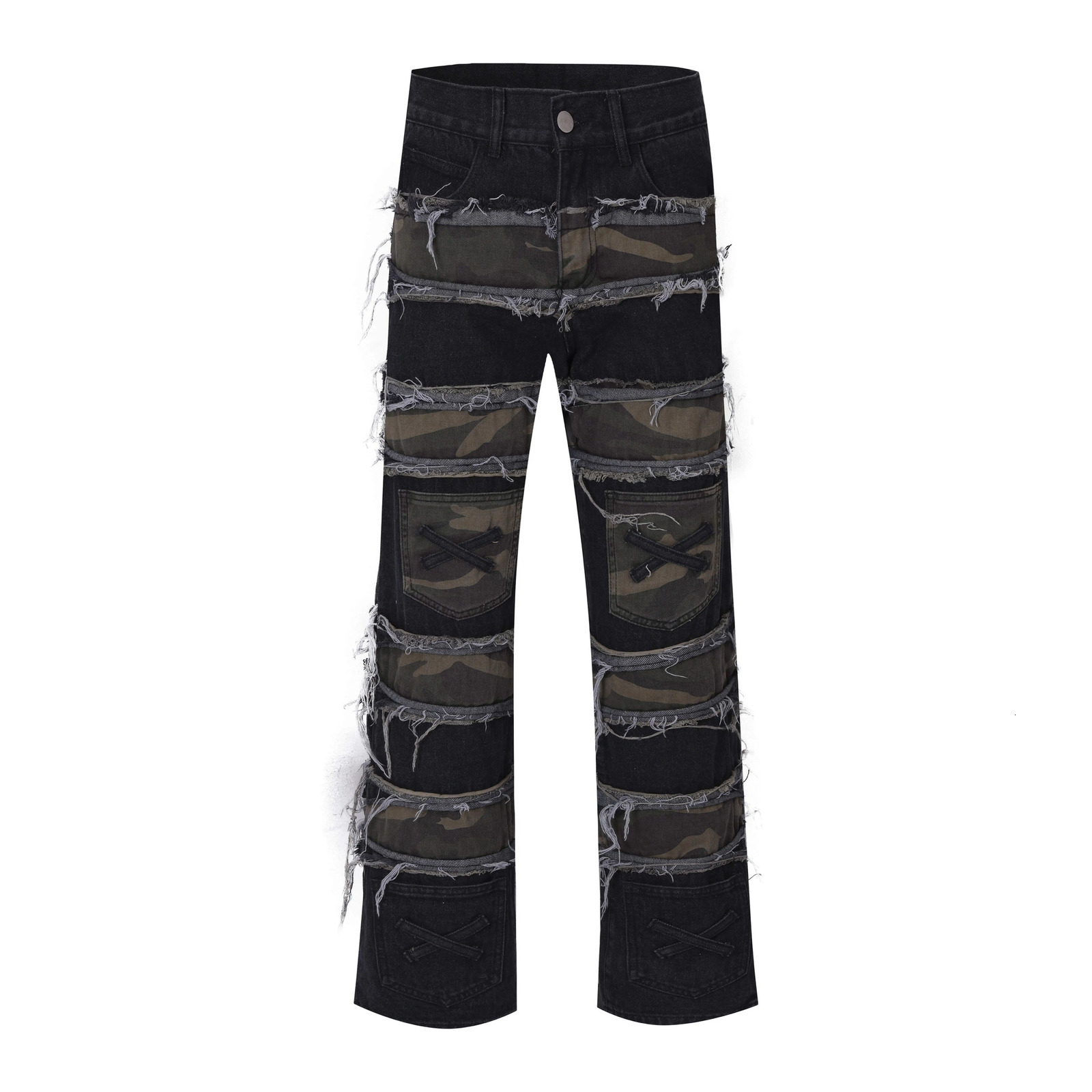 Style Vintage Washed Distressed Ripped Patch Jeans Men Street Hip Hop Erosion Camouflage Destroyed Trousers Women 240806