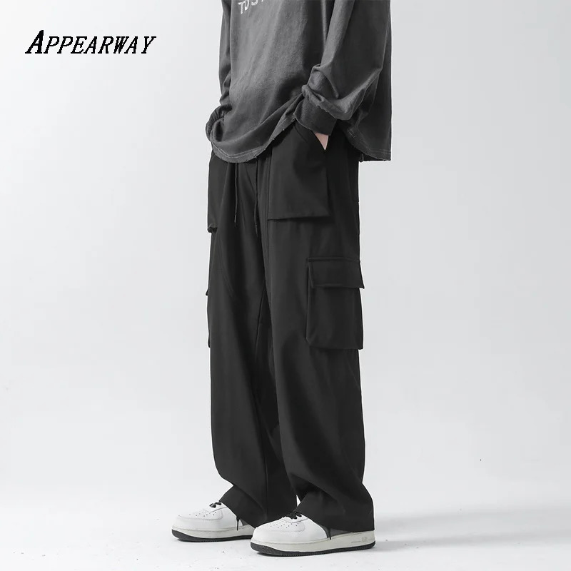 APPEARWAY Summer Mens Cargo Pants Korean Solid MultiPockets Straight Male Hip Hop Street Elastic Waist Loose Trousers 240806