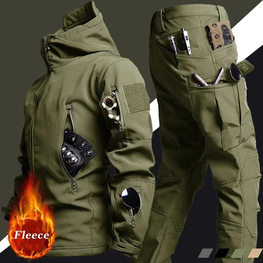 Mens Winter Jacket Sets Fleeced Sharkskin Windproof Waterproof Padding Suits Paintball Uniform Pockets Camo 240806
