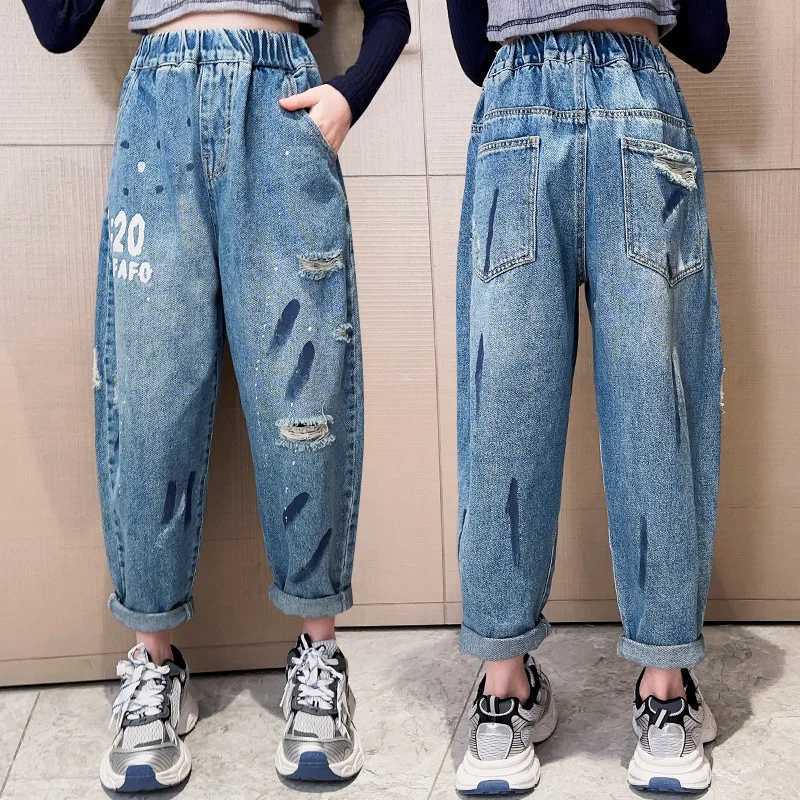 Jeans New Fashion Teen Girls Jeans For Spring Autumn Kids Printing Hole Elastic Waist Denim Harem Pants Child Casual Trousers 5-14Y