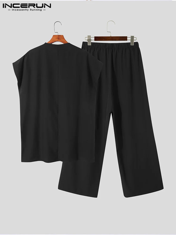 INCERUN Mens Muslim Clothing O-neck Short sleeved T-shirt and Wide Leg Pants Two Solid Bag Mens Casual Set 7240806