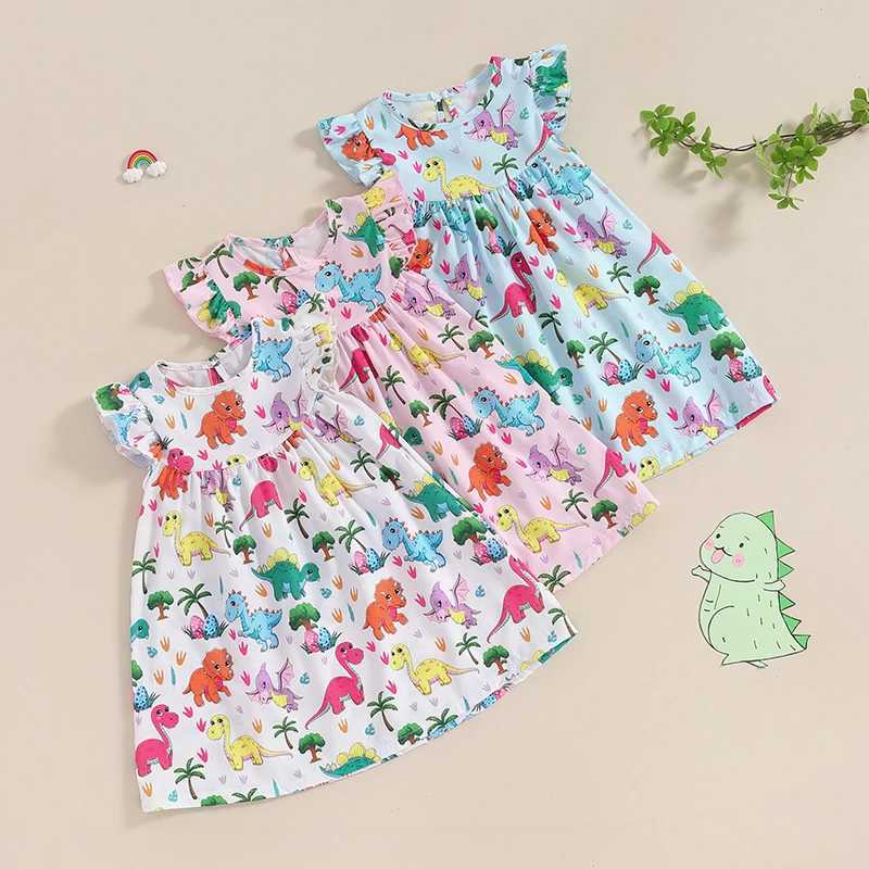 1-6 Year Old Preschool Girl Dinosaur Dress with Folded Sleeves Sundress Little Girl A-Line Summer Soft Dress Casual Fashion SetW240720