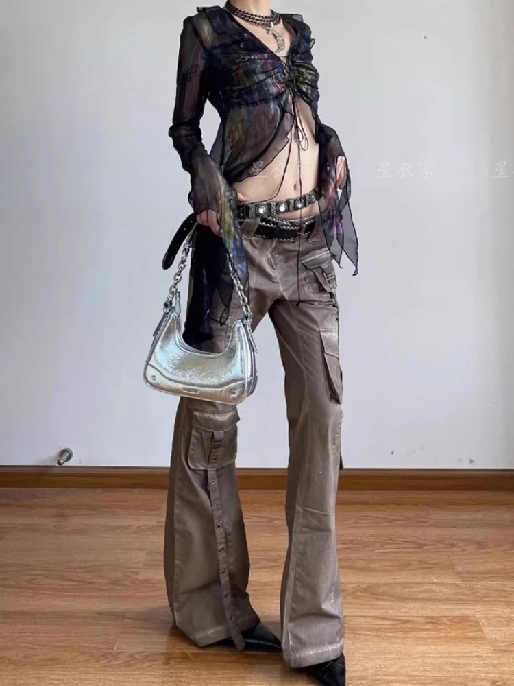 American Vintage Bell Bottom Jeans Women Y2k Grunge High Waist Flare Pants Spring Pocket Loose Wide Leg 240807