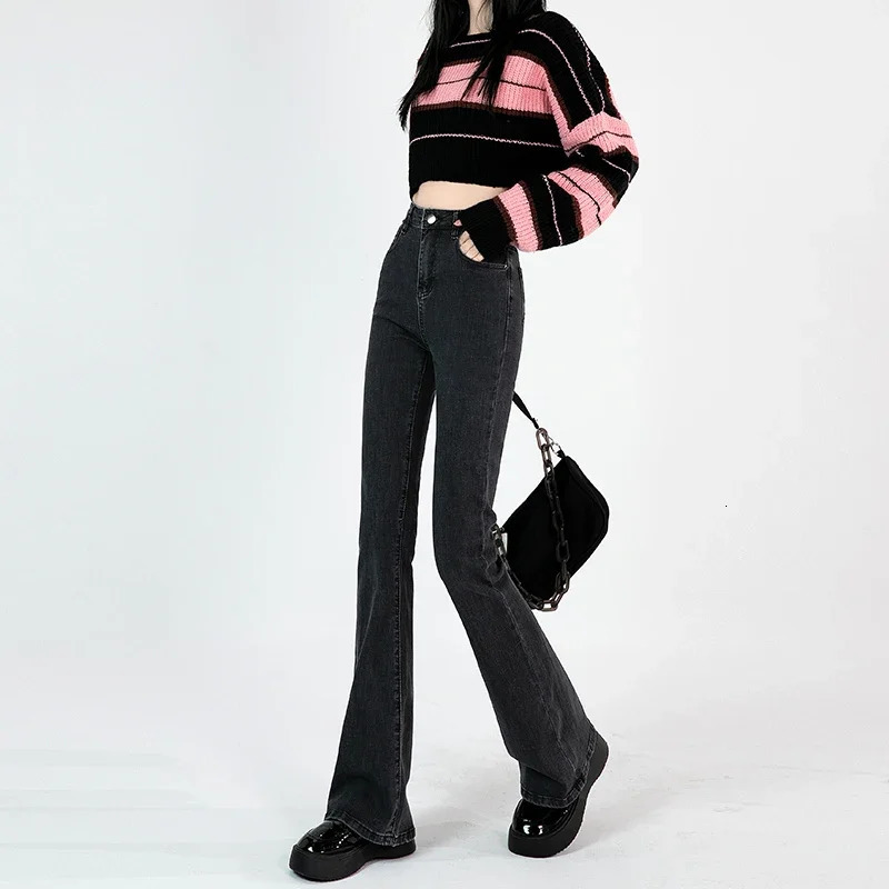 Winter Warm Fleece Gray Jeans Flared Pants Women High Waist Thick Denim Pant Autumn y2k elegant cloth Slight Bootcut Bell Bottom 240807