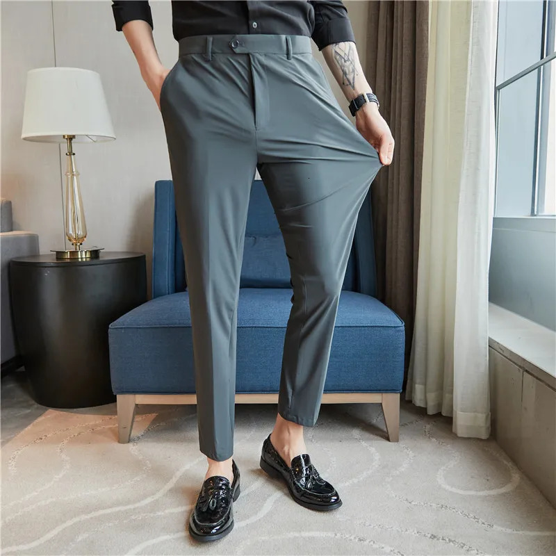 High Elastic Men Pants Summer Thin Fashion Casual Suit Mens Business Formal Straight Sleeve Trousers Plus Size 2838 240806