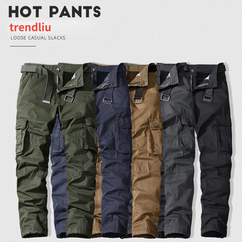 Mens Military Trousers Casual Cotton Solid Color Cargo Pants Men Outdoor Trekking Traveling Trousers Multi-Pockets Work Pants 240806