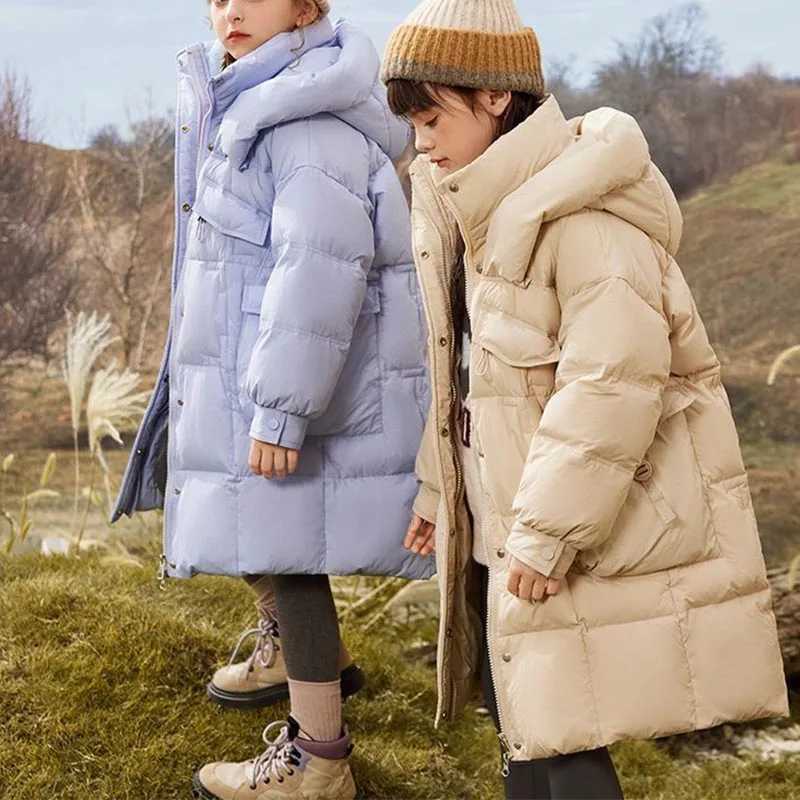 Winter Girls Thickness White Duck Down Jacket Girls Long Warm Puffer Coat Boys Waterproof Hooded Parkas Kids Snow Outerwear Y240803