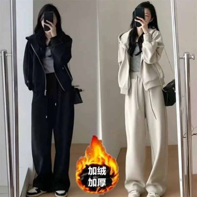 Velvet and Thickened Sports Suit For Womens Autumn Winter Korean Edition Loose Slim Fashion Sweater Casual Pants Two Piece Set 240807