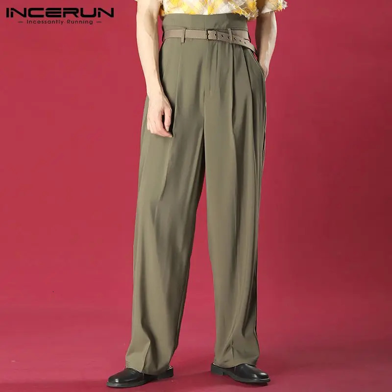 INCERUN Men Straight Pants Solid Color High Waist Streetwear Fashion Trousers Joggers Loose Casual Pantalon No Belt S5XL 240806