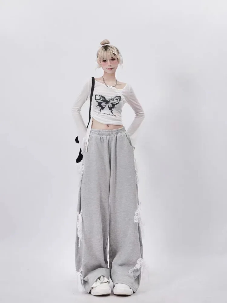 HOUZHOU Y2k Kawaii Sweet High Waist Wide Leg Pants Korean Style Fashion Streetwear Bow Bandage Loose Sweatpant Soft Gril 240807