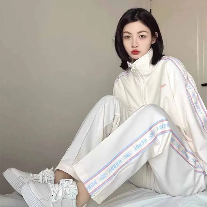 Korean Casual Sports Set Women Harajuku Zipper Cardigan Jacketbaggy Wide Leg Pants Spring Autumn 2pcs Sets Fashion Tracksuit 240807