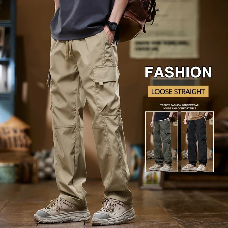Summer Thin Mens Cargo Pants Baggy Straight Multipocket Design Drawstring Elastic Waist Outdoor Jogging Hiking Trousers Male 240806