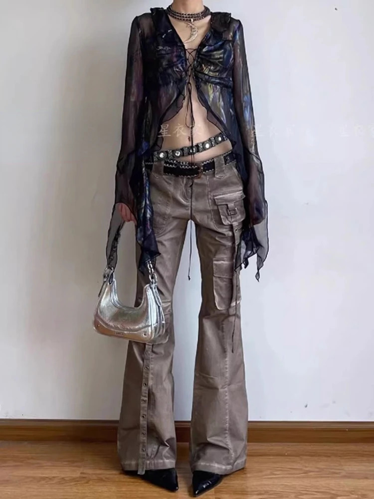 American Vintage Bell Bottom Jeans Women Y2k Grunge High Waist Flare Pants Spring Pocket Loose Wide Leg 240807