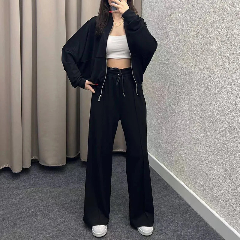 Autumn Winter Solid Loose Tracksuit Women Casual Zipper Sweatshirt Coat Laceup Pants Outfit Fashion Warm Two Piece Suit Sets 240808