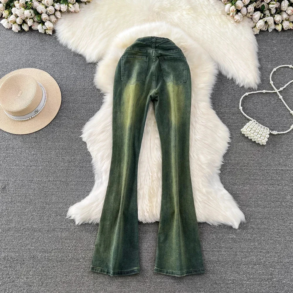 Women Jeans with Front Single Breasted Button Up Flare Pant Slight Bootcut Bell Bottom Denim Pants y2k Tie Dye Green Cloth 240807