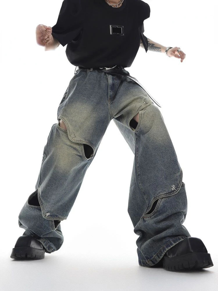 Men And Women Ragged Pants Splicing Washed Hollow Jeans Y2K American Retro Gothic Punk Style Loose Casual Wideleg 240806