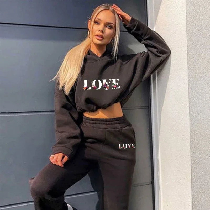 Womens 2 Pieces Suit Drawstring Short Sweatshirts Hooded Print Pullover Tracksuit Set Casual Sweatpants Sports Home Clothing 240807