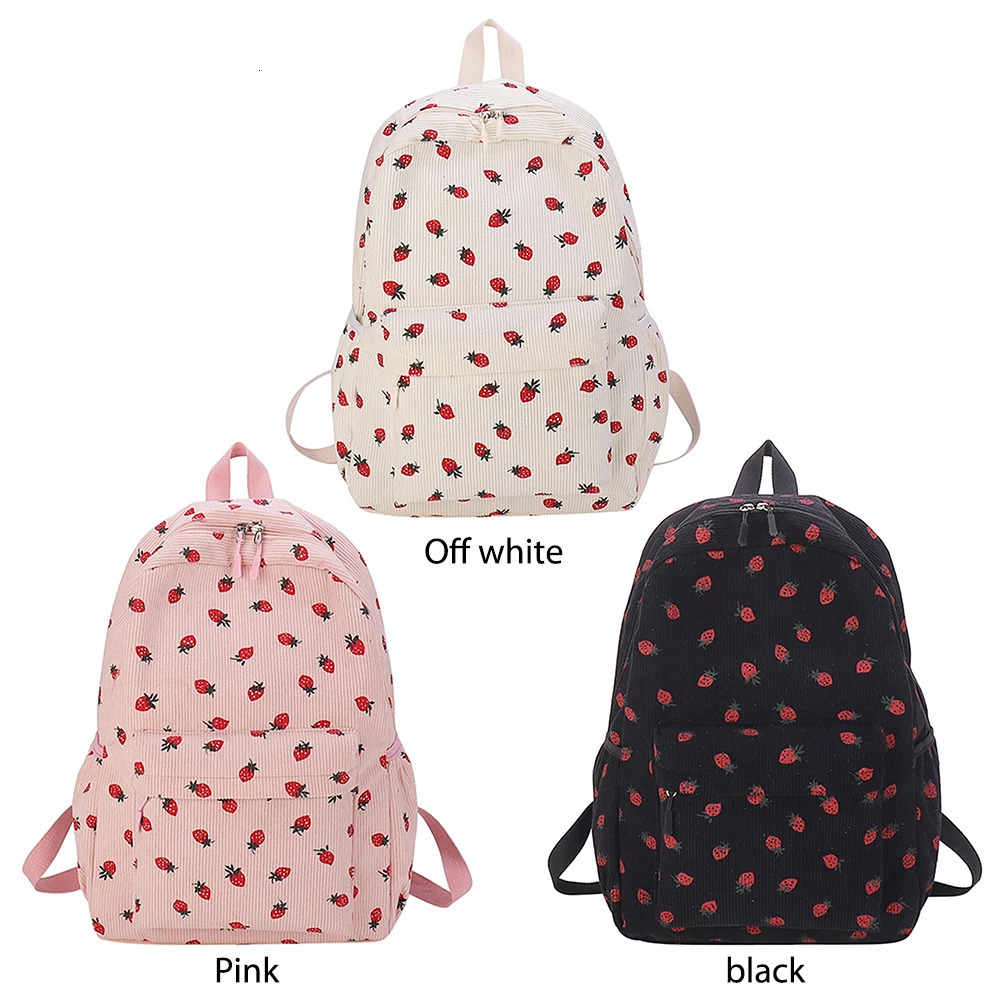 Corduroy Strawberry Backpack Fashion Notebook Large Capacity Leisure Travel Adjustable Shoulder Straps 240807
