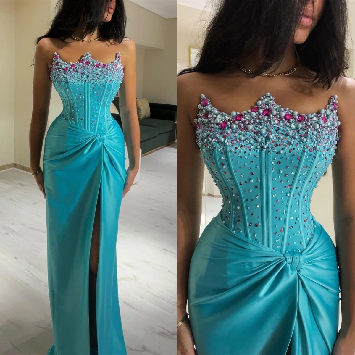 Vintage Evening Dresses Strapless Sleeveless Gown Sequins Crystal Beaded Side Split Dress Party Prom Custom Made