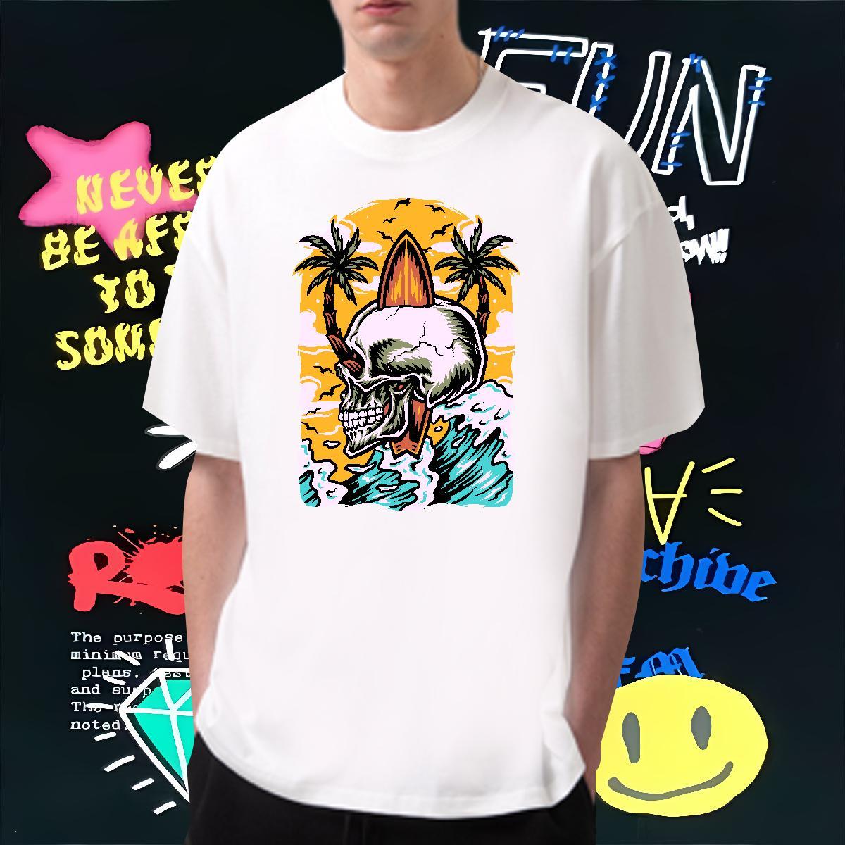 Factory Direct Men T Shirts skull Wear 230g Pure Cotton Beach Loose Skull Breathable Crew Neck Men Tops Tees