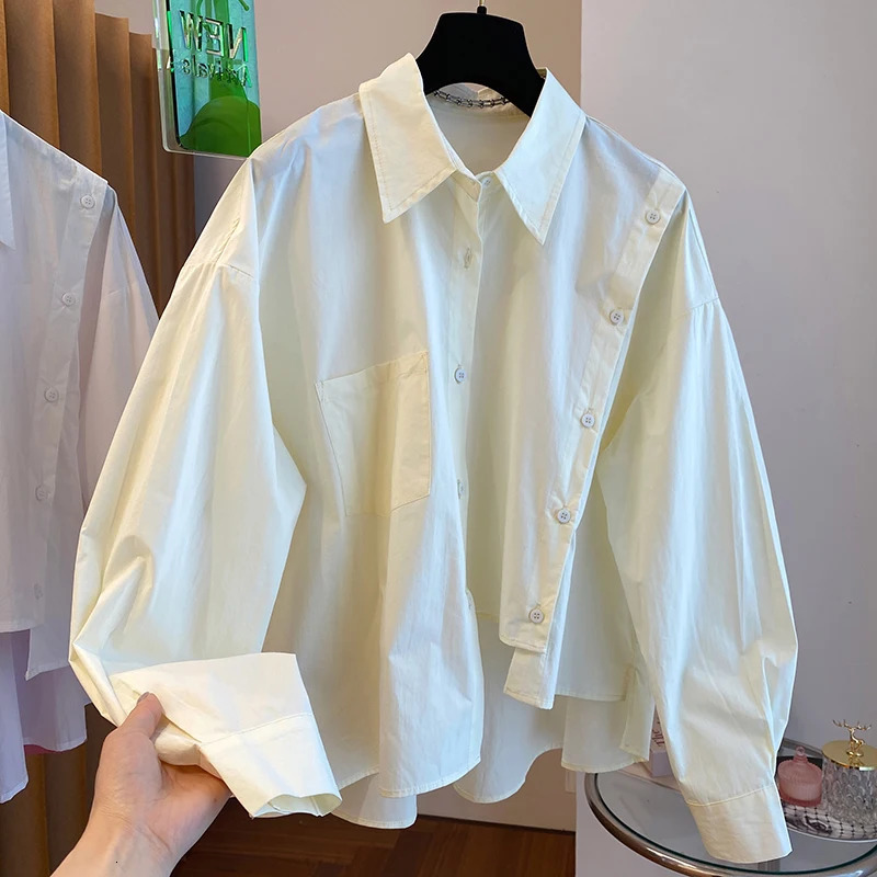 Early Spring Loose Casual Asymmetric Irregular Pink Shirt Women Chic Fashion Short Blouse Solid Color Top 240807